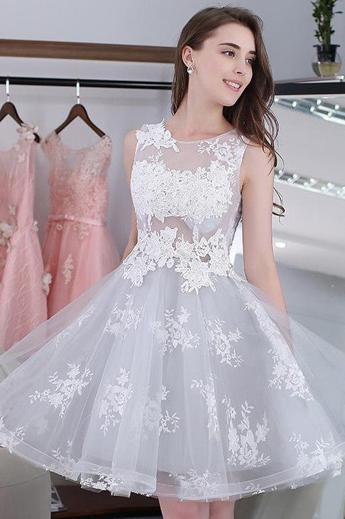 Knee-length Sleeveless Short Homecoming Dresses,A-line Lace Appliques Tulle Party Dresses,N196