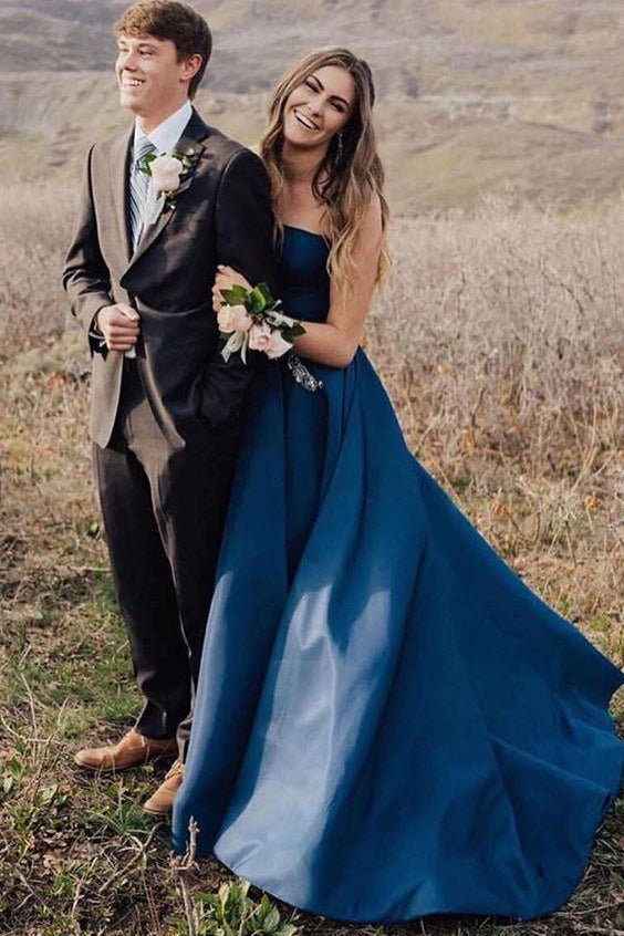 Slate Blue A Line Strapless Pockets Satin Formal Long Prom Dresses