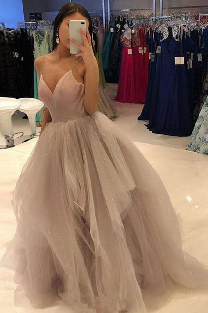 Dusty Rose V-Neck Tulle Stylish Spaghetti Straps Formal Evening Dress Long Puffy Prom Gown