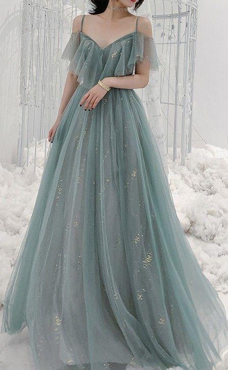 Ruffle A Line Spaghetti Straps Long Prom Dresses Evening Dresses