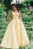 Yellow A-Line Princess Lace Appliques Tulle Sweet Long Prom Dress