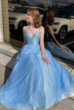 Sky Blue A Line Princess Spaghetti Straps Long Formal Evening Dresses Prom Dresses