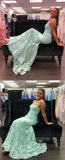 Mint Green Lace Spaghetti Straps Evening Dresses Mermaid Long Prom Dresses