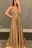 A Line Gold Deep V-Neck Glitter Evening Party Dress Long Prom Dress