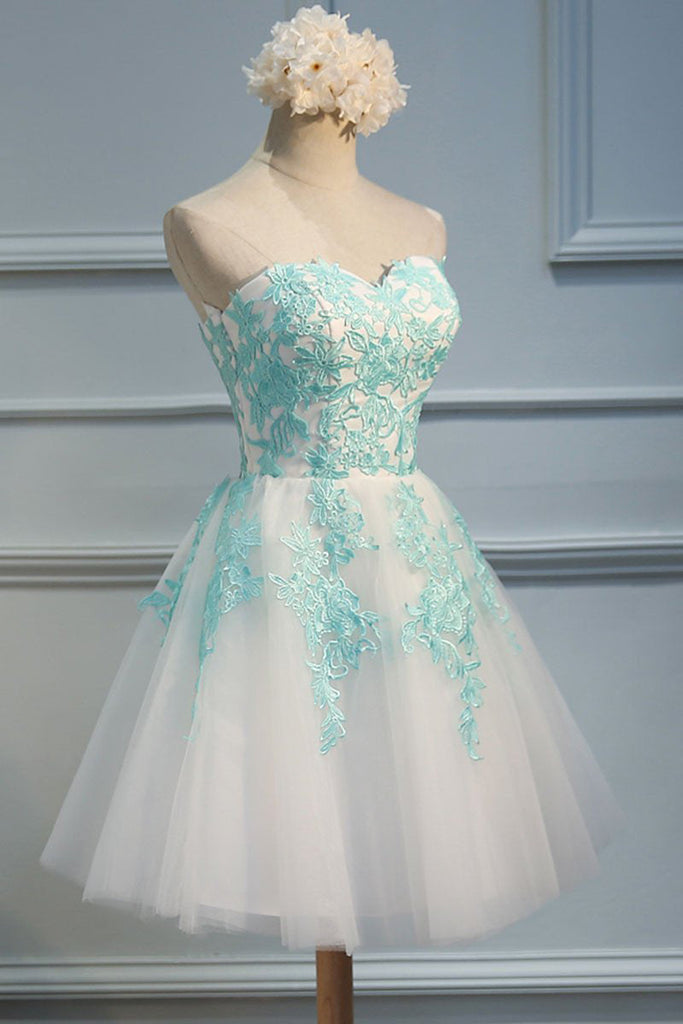 Ivory Sweetheart Strapless Tulle Homecoming Dresses with Mint Appliques