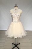 A Line High Neck Tulle Beading Mini Homecoming Dress, Short Prom Dress with Beads