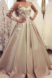 Puffy Sheer Neck Long Sleeves Satin Prom Dresses with Lace Appliques N2457