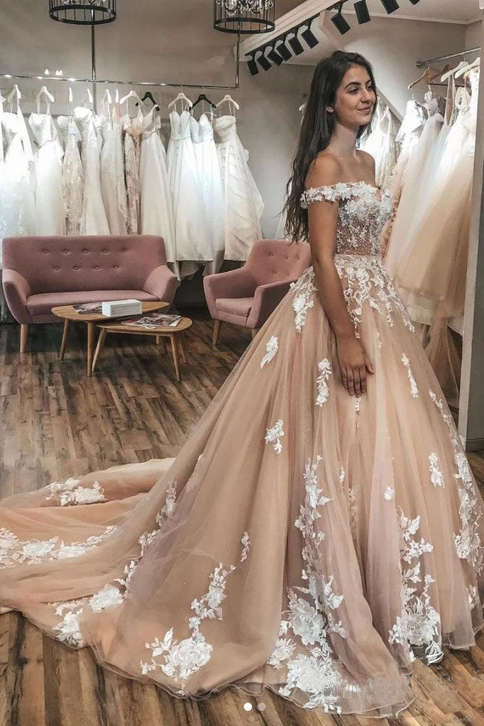 Champagne Gorgeous Off the Shoulder Tulle Lace Appliques Wedding Dress, Puffy Bridal Dresses N2399