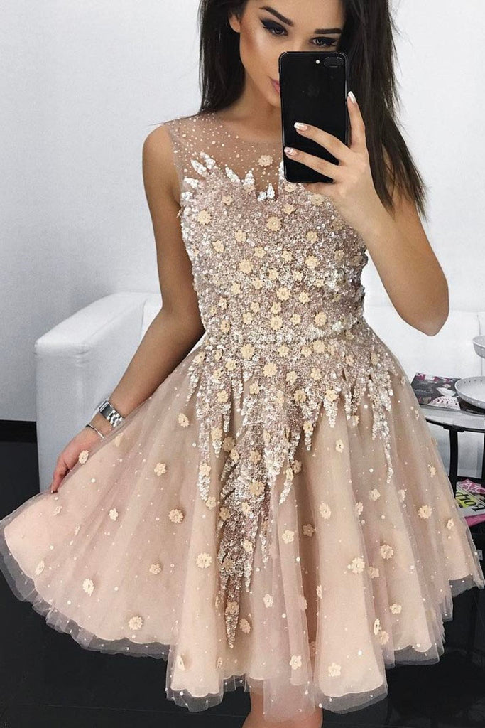 A Line Round Neck Tulle Beading Homecoming Dresses, Applique Short Graduation Dress N1525