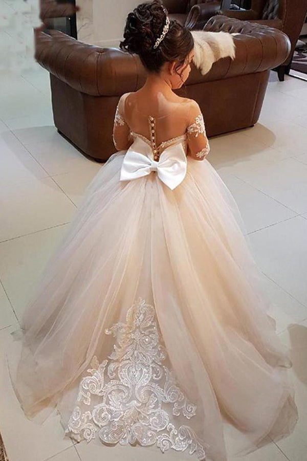 Gorgeous Long Sleeveless Appliqued Tulle Long Flower Girl Dress with Bow