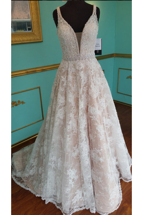 A Line Lace Wedding Dress with Beading, Strap V Neck Bridal Dress with Beading Waist