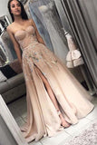 A Line Sweetheart Prom Dresses with Side Slit, Long Appliques Party Dresses N1449
