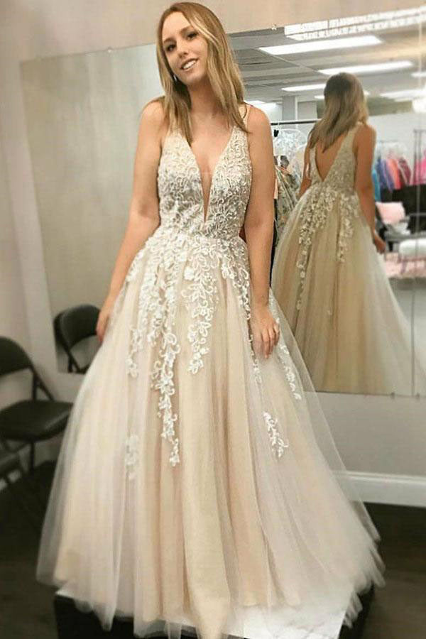 Floor Length V-Neck Sleeveless Party Dresses with Lace Appliques Long Prom Dresses N1589
