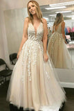 Floor Length V Neck Sleeveless Party Dress with Lace Appliques, Long Prom Dress N1589