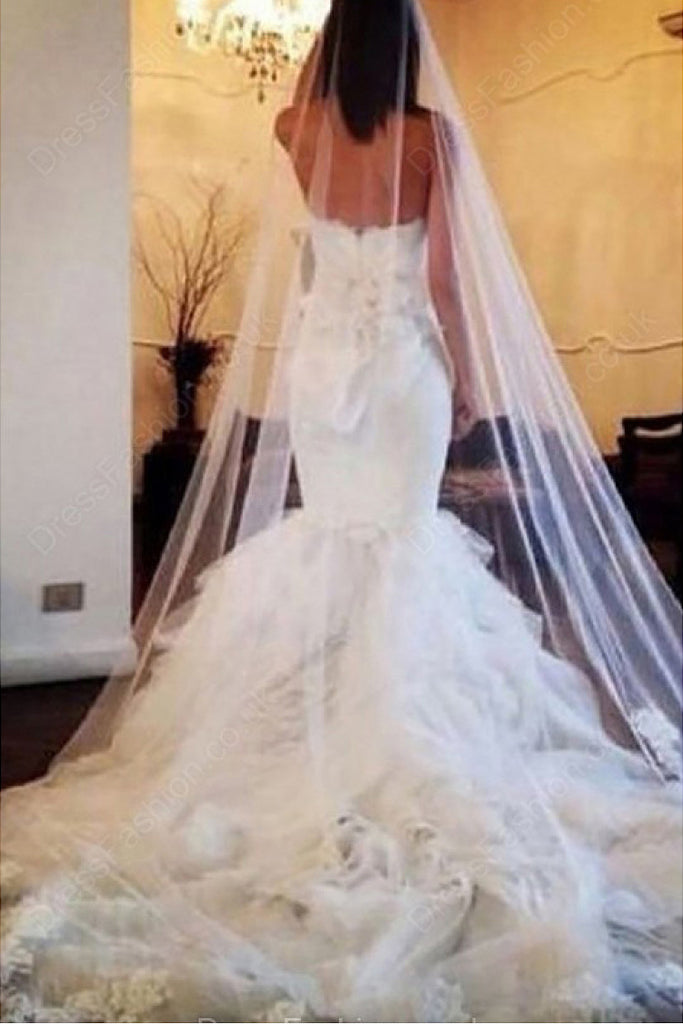 Luxury Mermaid Sweetheart Organza Chapel Train Tiered Sleeveless Wedding Dresses N520