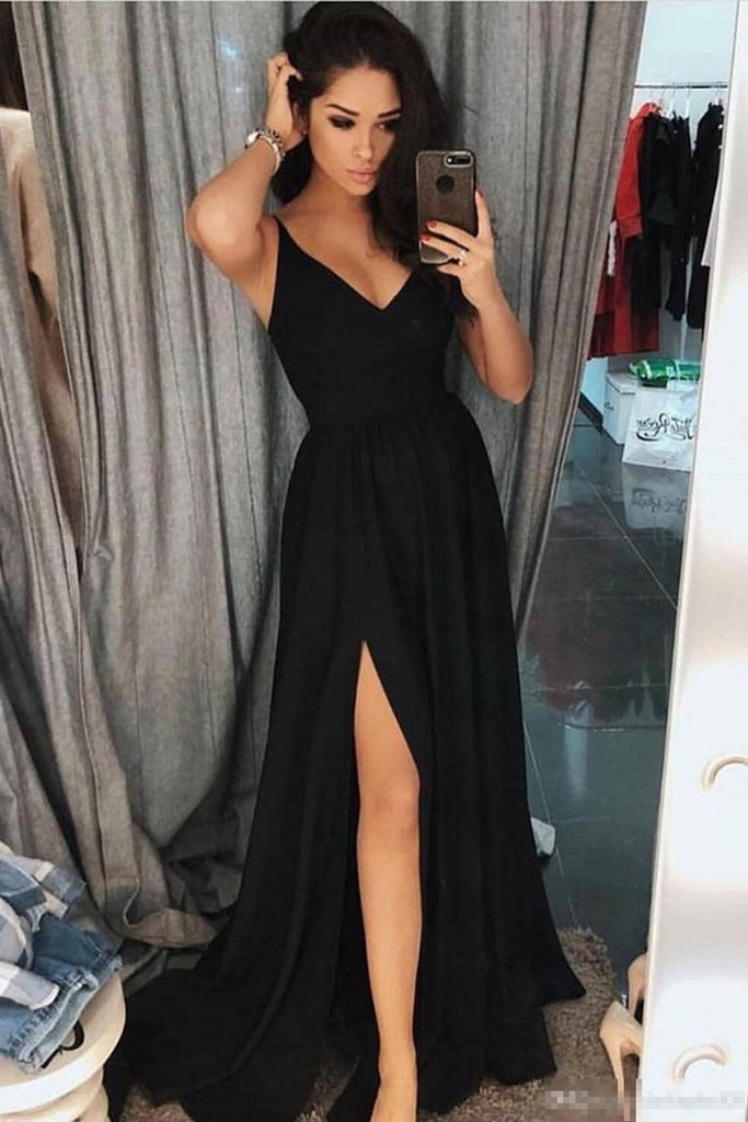 Simple A Line V Neck Prom Dress with Side Slit,  Black Chiffon Sleeveless Evening Dress N1597