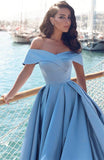 Blue A Line Off-the-shoulder Satin Ruched Split Sweep Train Prom Gown N490