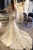Trumpet V-neck Long Sleeves Court Train Lace Wedding Dresses, Mermaid Lace Bridal Dress