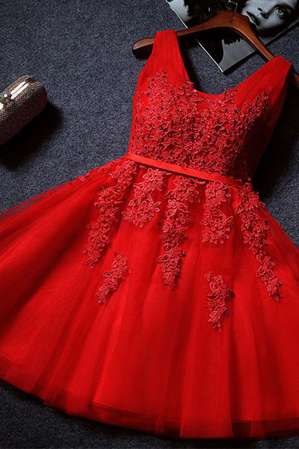Red Cute V Neck Sleeveless Appliques Tulle Homecoming Gown, A Line Short Prom Dress