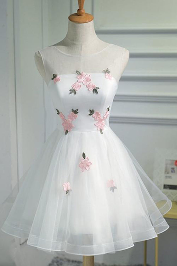 A Line Cheap Tulle Graduation Dress with Pink Appliques,Short Sleeveless Prom Dress