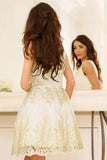 A Line Cute V-Neck Sleeveless Tulle Homecoming Dress with Appliques N974