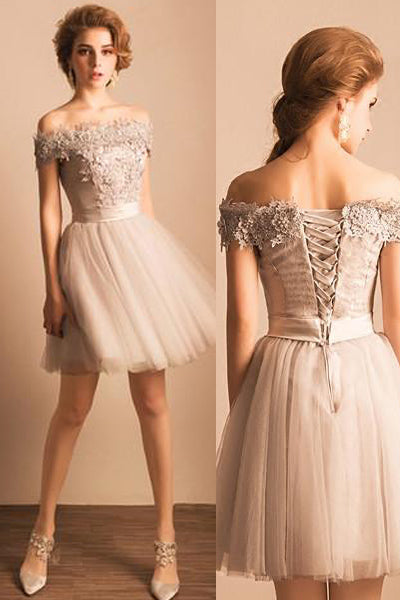 Lace Appliqued Off-the-shoulder Tulle Homecoming Dress with Beads,Prom Dress Party Dress,N252