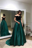 A-line Dark Green Off-the-shoulder Sweep Train Evening Dress,Prom Gown,N435