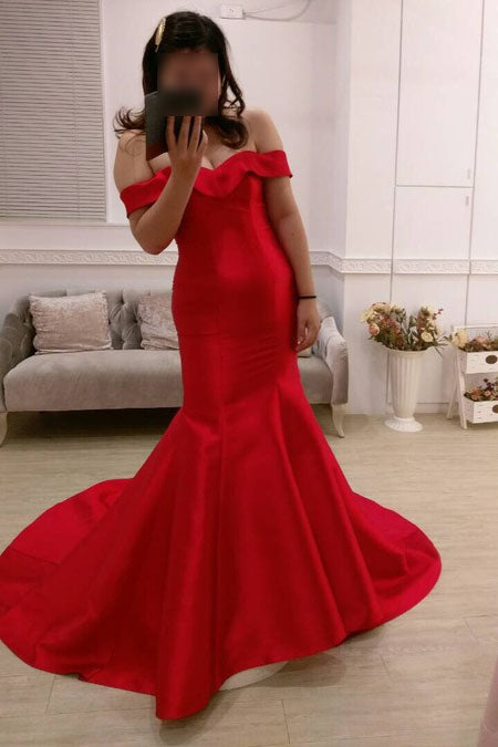 Red Off-the-shoulder Mermaid Sweep Train Satin Evening Dress,Party Gown,Red Dresses,N451