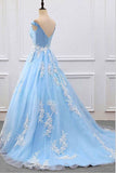 A Line Sky Blue V-Neck Lace Appliqued Tulle Prom Dress N418