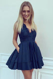 A-Line V-Neck Short Satin Homecoming Dress with Lace Top,Mini Sleeveless Party Dresses,N240