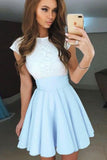 Pale Blue A-Line Cap Sleeves Short Chiffon Homecoming Dress with Lace Top,Mini Prom Dress,N239