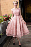 A-line Tea-length Pink Lace Homecoming Dress,Cute Graduation Dresses,Short Prom Dress,N213