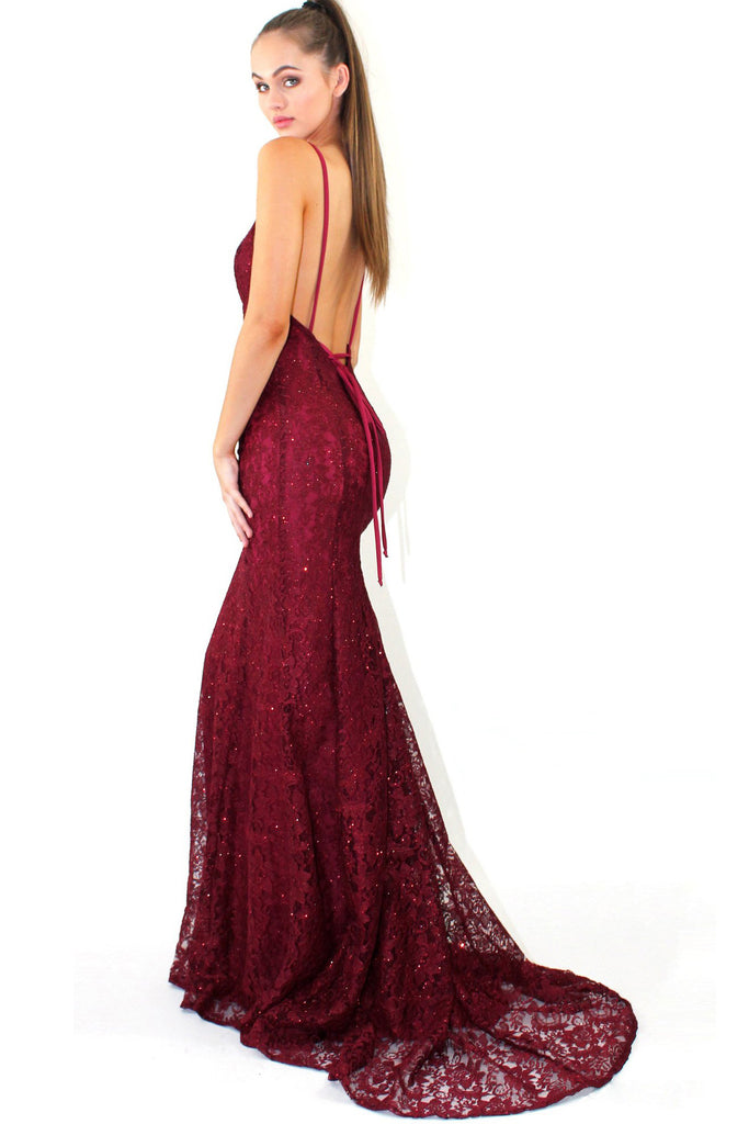 Full Lace V Neck Mermaid Prom Dress, Spaghetti Strap Backless Evening Dresses N1389