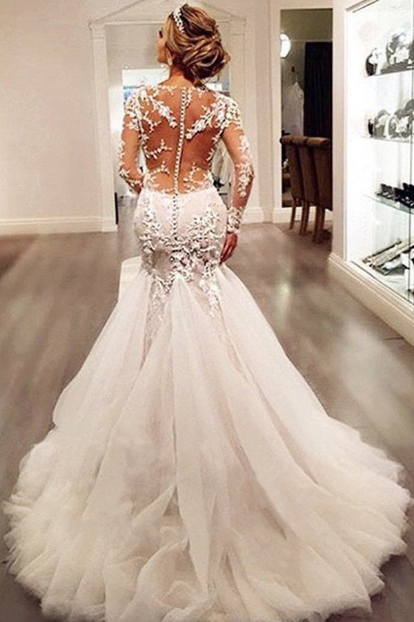 Gorgeous Ivory Long Sleeves Mermaid V-Neck Wedding Dresses With Lace Appliques