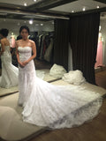Trumpet Strapless Lace Tulle Court Train Wedding Dresses Lace Bridal Dresses N470