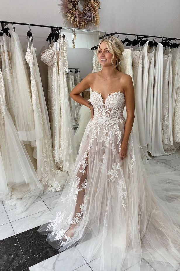 Charming Sweetheart Lace Tulle Wedding Dresses with Slit N126