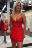 Sexy Charming Bodycon V-neck Red Beading Short Homecoming Dresses AB081604