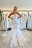 Mermaid Strapless Tulle Long Wedding Dresses with Appliques N051