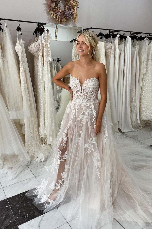Charming Sweetheart Lace Tulle Wedding Dresses with Slit N126