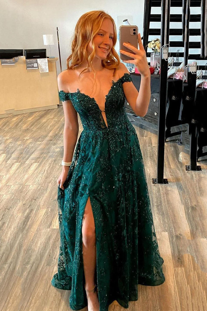 Dark Green A-Line Off the Shoulder Formal Evening Gowns Lace Long Prom Dresses