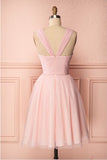 Pink Vintage Straps Tulle Knee Length Homecoming Dresses
