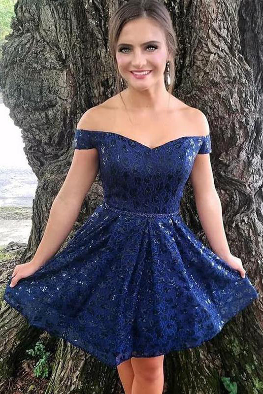 Dark Blue Off the Shoulder Lace Homecoming Dresses N1799