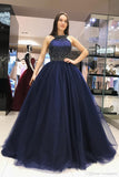 Sparkly Dark Blue Ball Gown Sweet Beading Tulle Long Prom Dresses, Shiny Evening Dress N1328