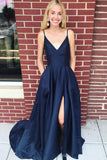 Dark Blue Spaghetti Strap Long Satin Evening Dress, Long Sleeveless Split Prom Dress