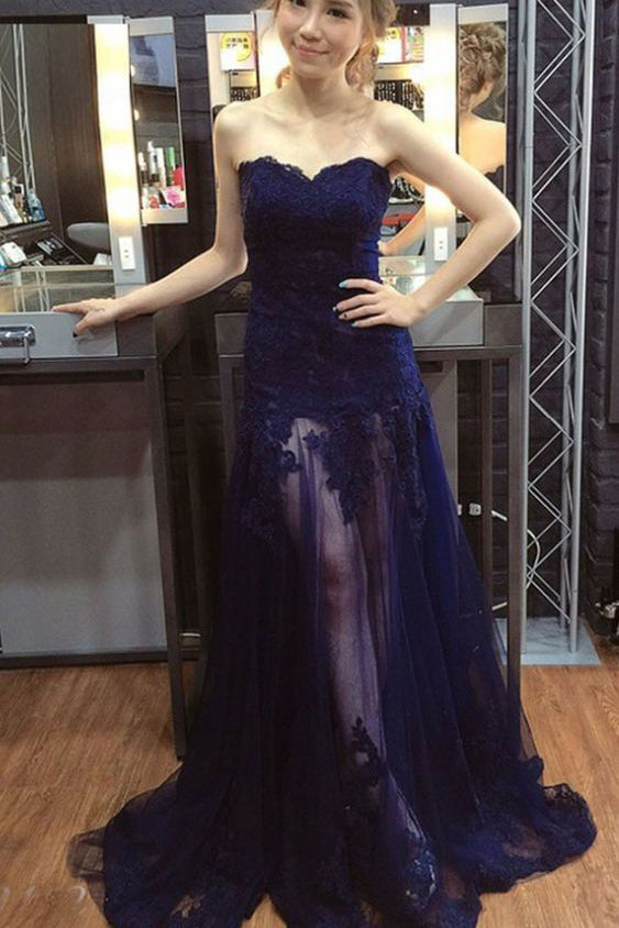 Sexy Sweetheart Tulle Prom Dress with Lace Appliques, See Through Long Prom Gown N1738