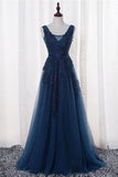 A Line V Neck Sleeveless Appliques Prom Dress with Beads, Floor Length Tulle Evening Dress N1385