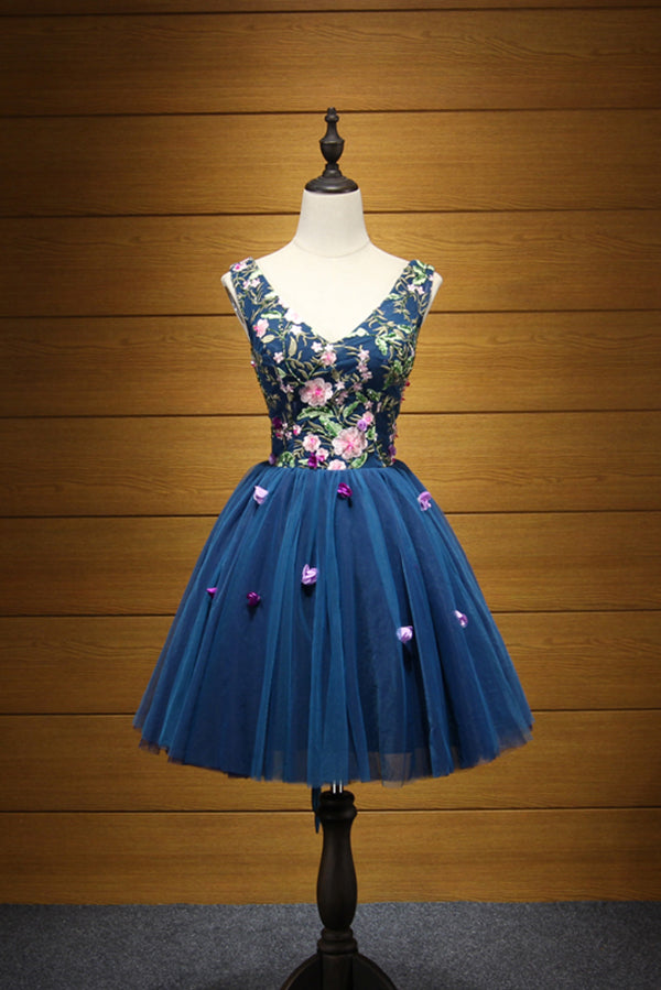 Cheap Dark Blue V Neck Tulle Short Homecoming Dress with Appliques