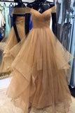 Dark Champagne A Line Off the Shoulder Floor Length Prom Dress with Pleats, Long Evening Dresses N1536