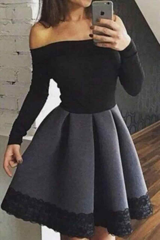 Dark Gray and Black Off the Shoulder Long Sleeve Short Homecoming Dresses with Lace N1658