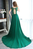 A Line Dark Green Cap Sleeve Appliques Chiffon Beading Long Prom Dress N644